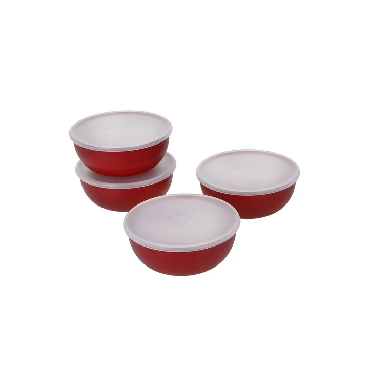 Zestaw 4 czerwonych miseczek z pokrywkami